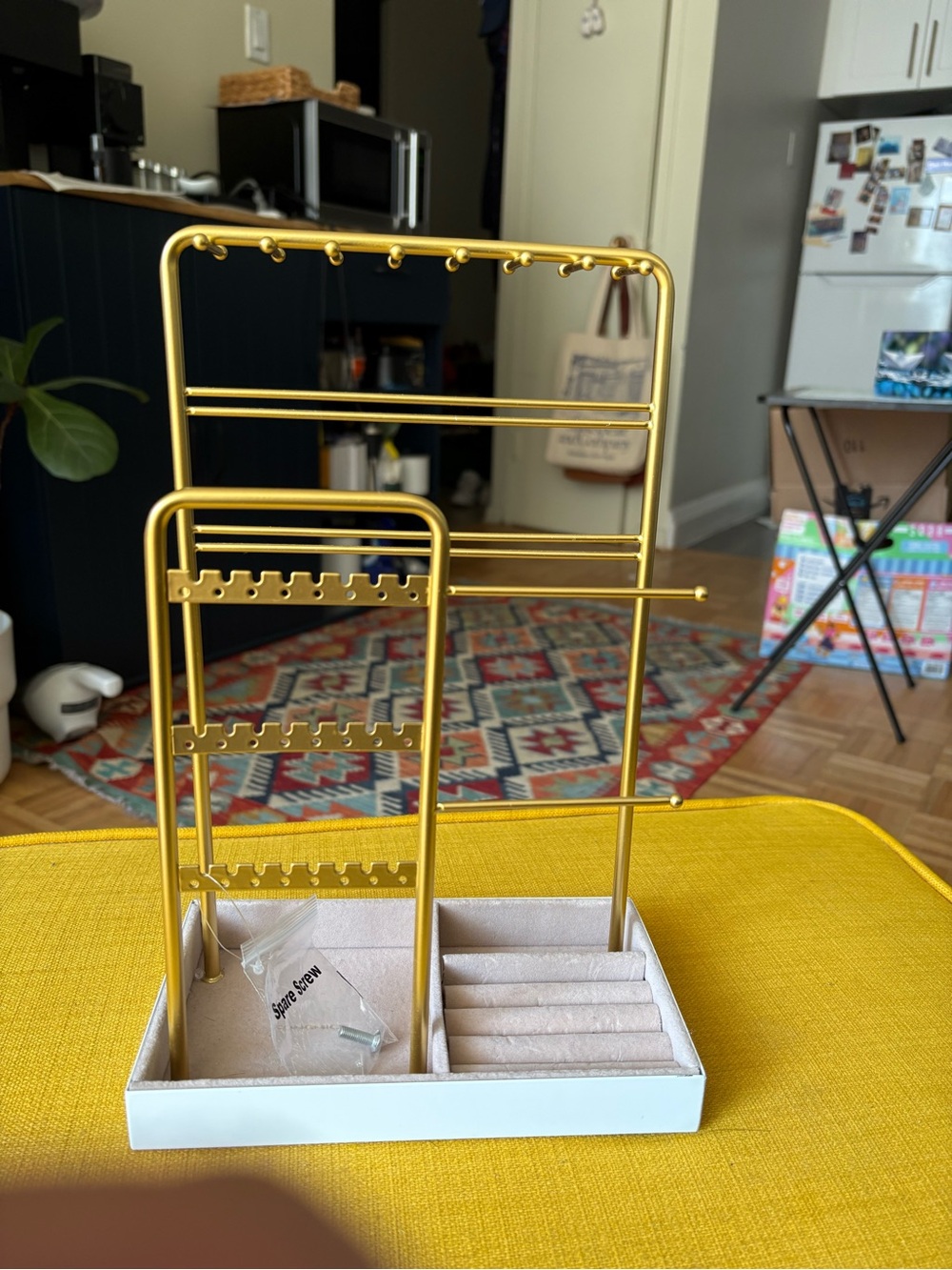 Gold Metal Jewelry Stand with White Velvet Tray